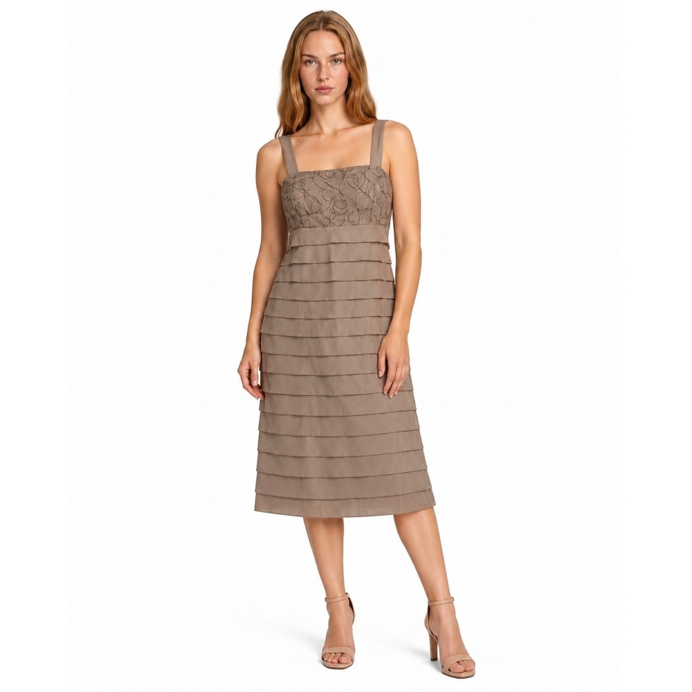 Willow Glenn Midi Dress Women's Size 16W Taupe Tiered Ruffle Embroidered Vintage